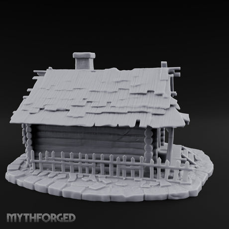 Chimney-Crowned Porch-Sagging Frontier Log Cabin Miniature for Dungeons and Dragons, Pathfinder or other TTRPGs