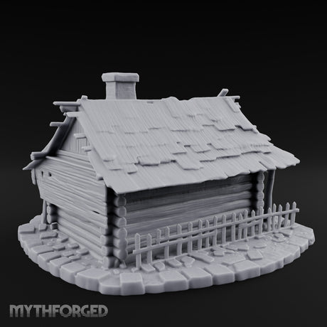 Chimney-Crowned Porch-Sagging Frontier Log Cabin Miniature for Dungeons and Dragons, Pathfinder or other TTRPGs
