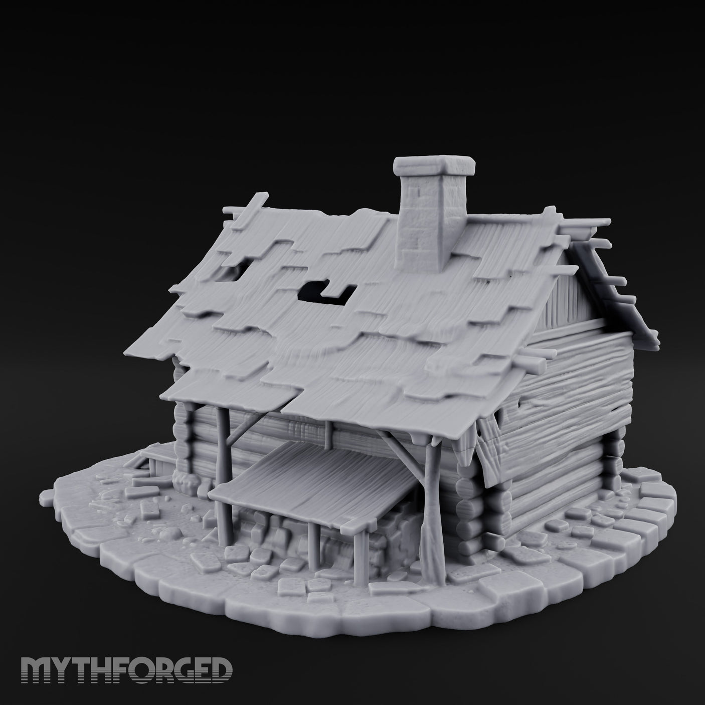 Chimney-Crowned Porch-Sagging Frontier Log Cabin Miniature for Dungeons and Dragons, Pathfinder or other TTRPGs