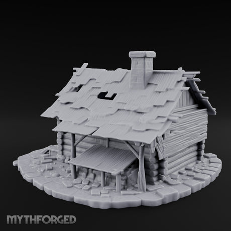 Chimney-Crowned Porch-Sagging Frontier Log Cabin Miniature for Dungeons and Dragons, Pathfinder or other TTRPGs