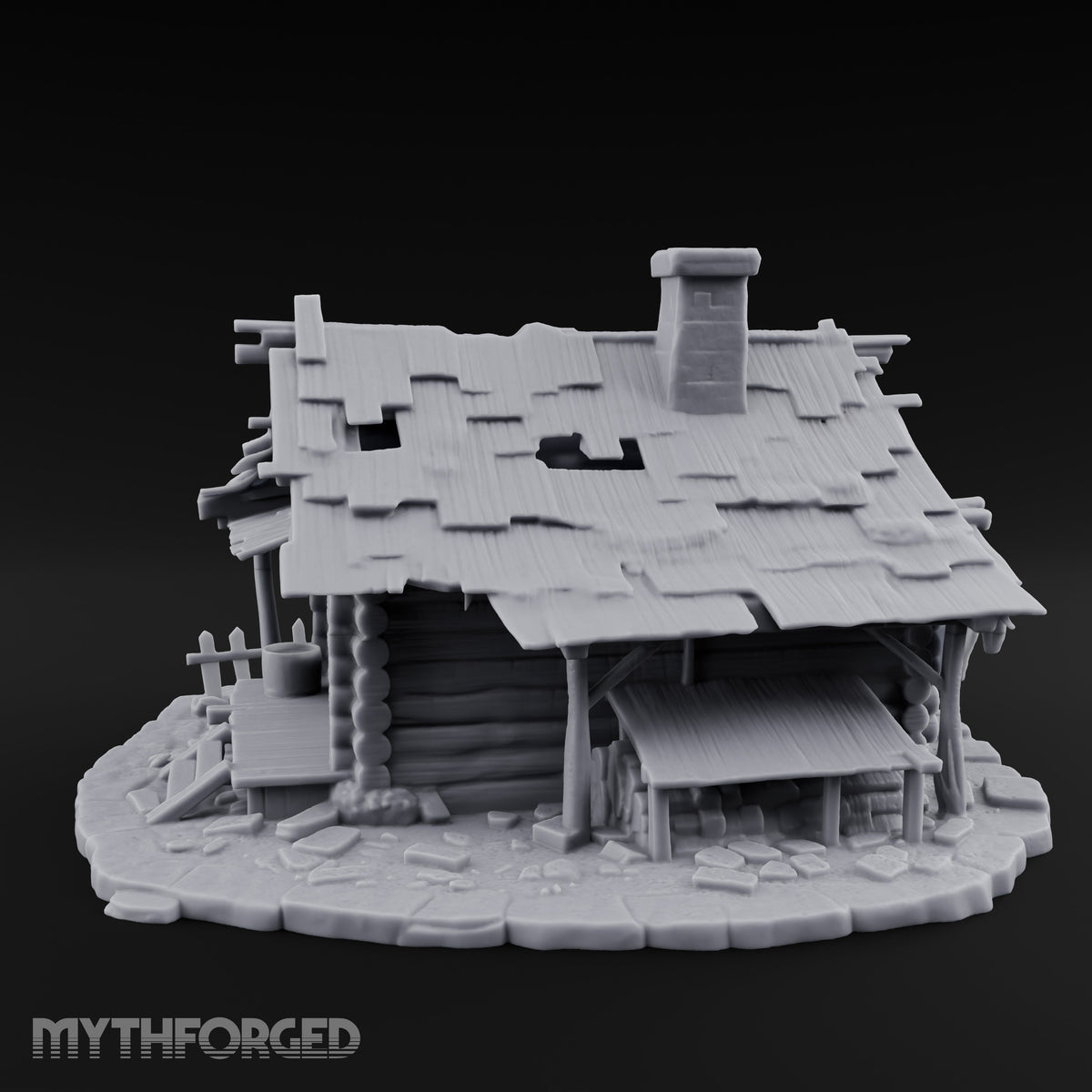 Chimney-Crowned Porch-Sagging Frontier Log Cabin Miniature for Dungeons and Dragons, Pathfinder or other TTRPGs