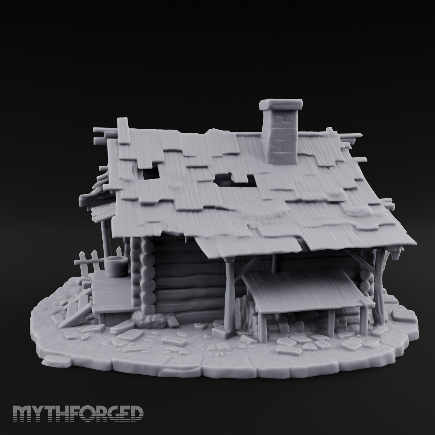 Chimney-Crowned Porch-Sagging Frontier Log Cabin Miniature for Dungeons and Dragons, Pathfinder or other TTRPGs