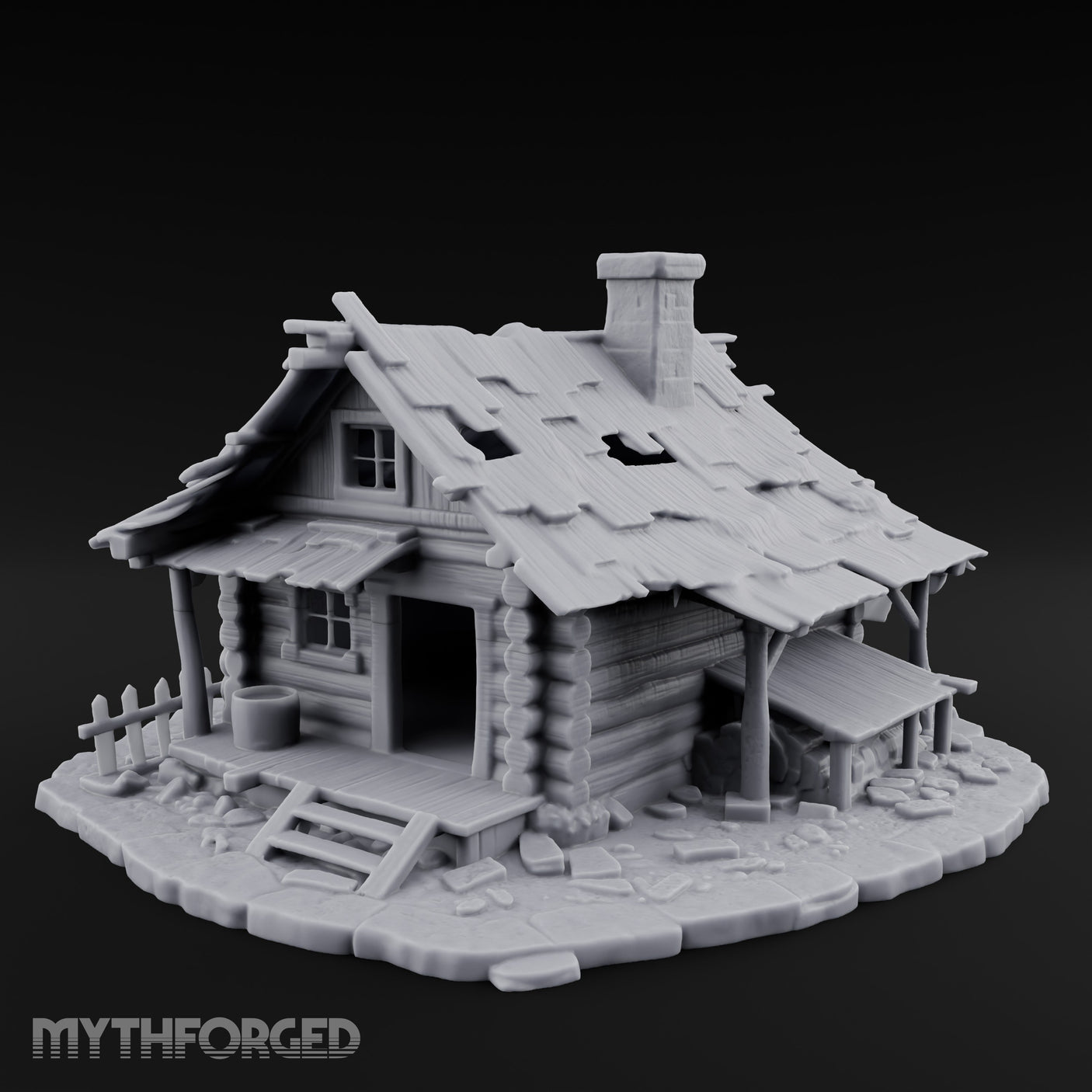 Chimney-Crowned Porch-Sagging Frontier Log Cabin Miniature for Dungeons and Dragons, Pathfinder or other TTRPGs