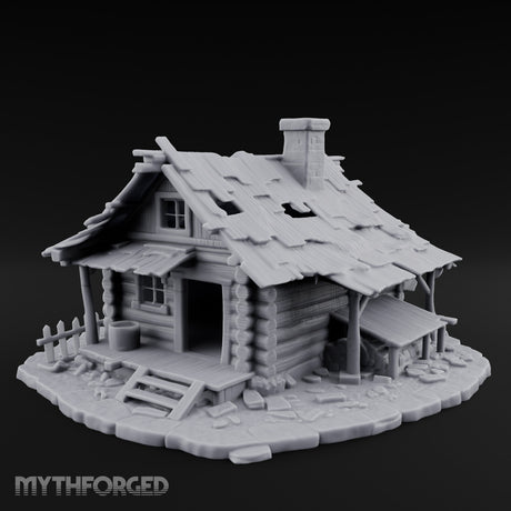 Chimney-Crowned Porch-Sagging Frontier Log Cabin Miniature for Dungeons and Dragons, Pathfinder or other TTRPGs