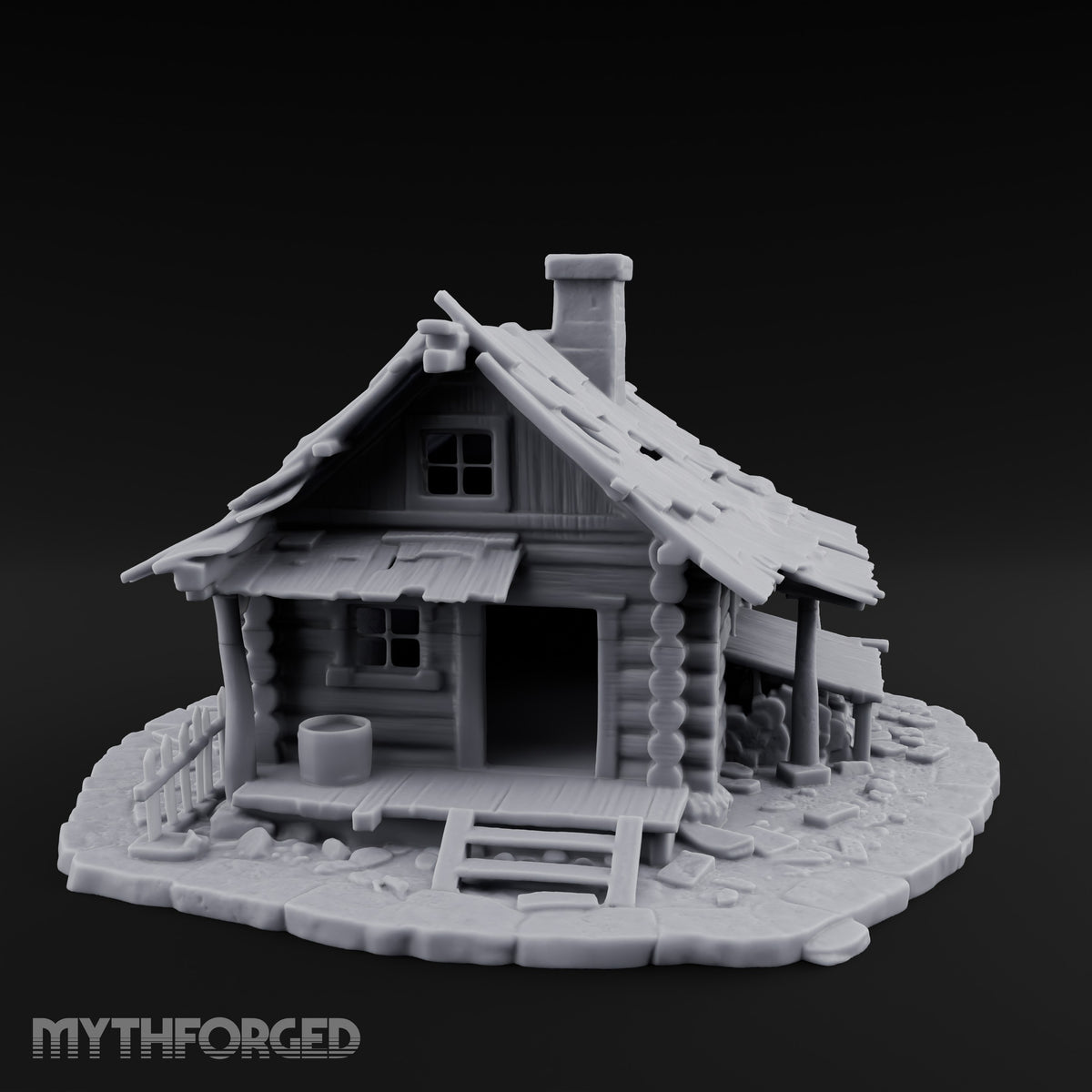 Chimney-Crowned Porch-Sagging Frontier Log Cabin Miniature for Dungeons and Dragons, Pathfinder or other TTRPGs
