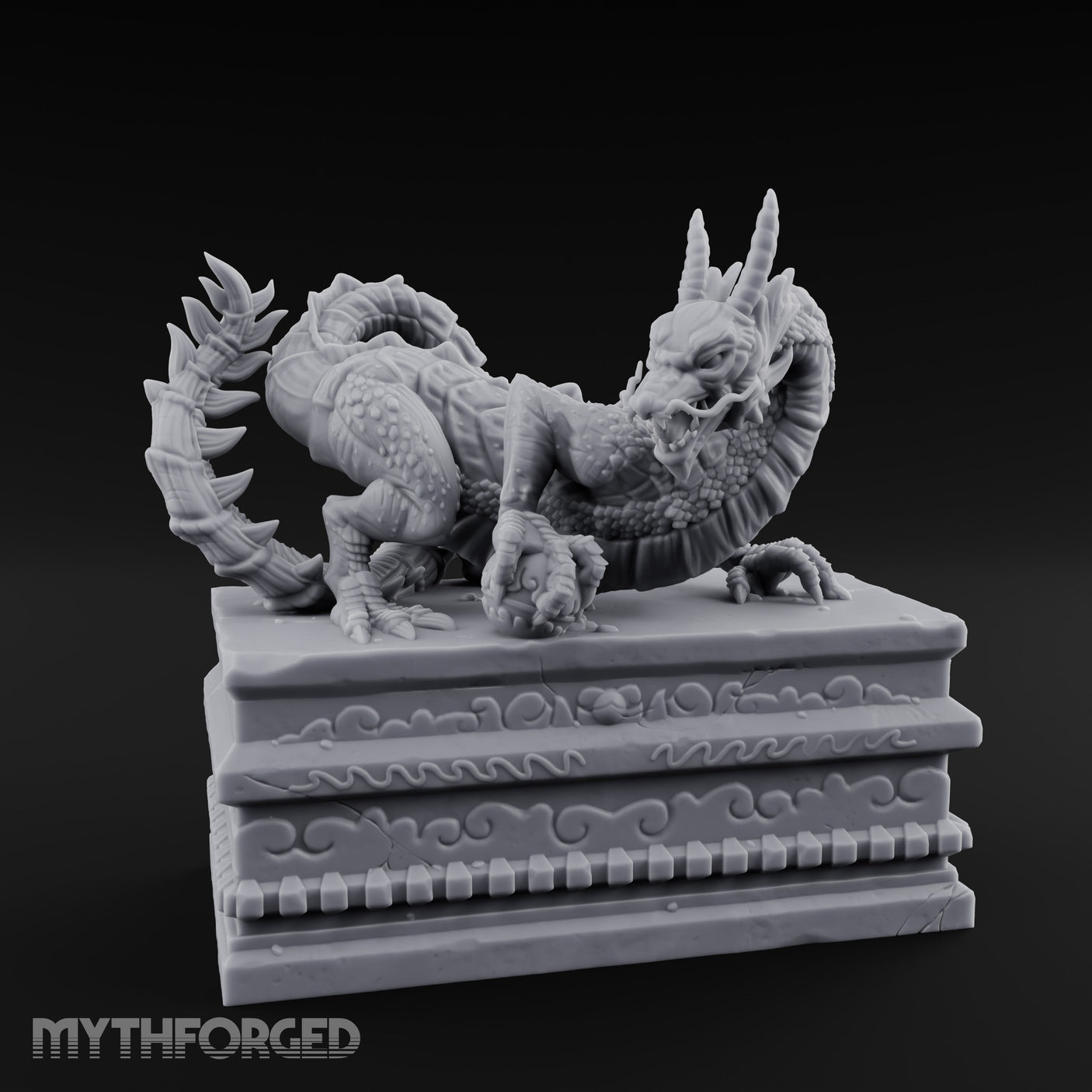 Cloud-Carved Claw-Lunging Eastern Dragon Guardian Statue Miniature for Dungeons and Dragons, Pathfinder or other TTRPGs