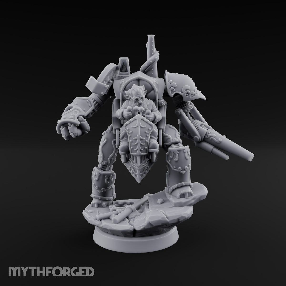 Short on Height, Long on Steel Gnome Tinker Piloting Steam-Powered Mech Suit with Twin-Barrel Cannon