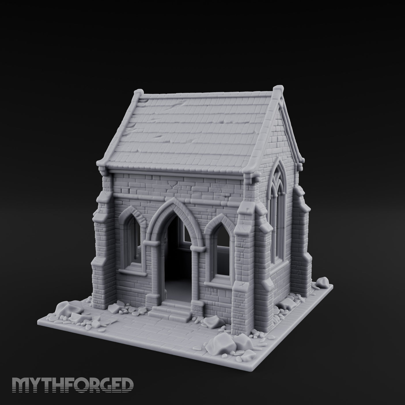 Cracked-Wall Slate-Roofed Gothic Stone Chapel Miniature for Dungeons and Dragons, Pathfinder or other TTRPGs