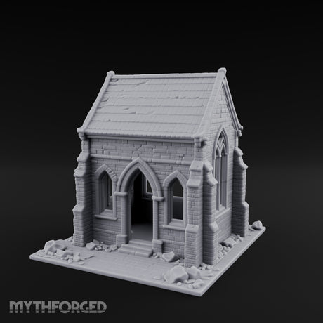 Cracked-Wall Slate-Roofed Gothic Stone Chapel Miniature for Dungeons and Dragons, Pathfinder or other TTRPGs