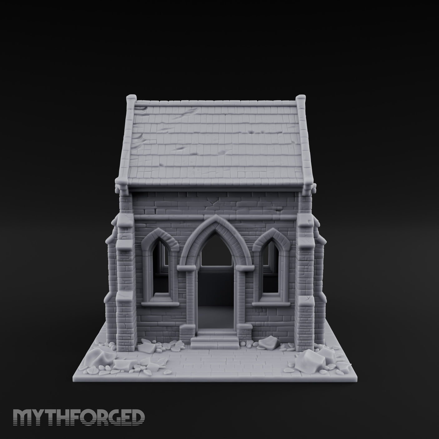 Cracked-Wall Slate-Roofed Gothic Stone Chapel Miniature for Dungeons and Dragons, Pathfinder or other TTRPGs