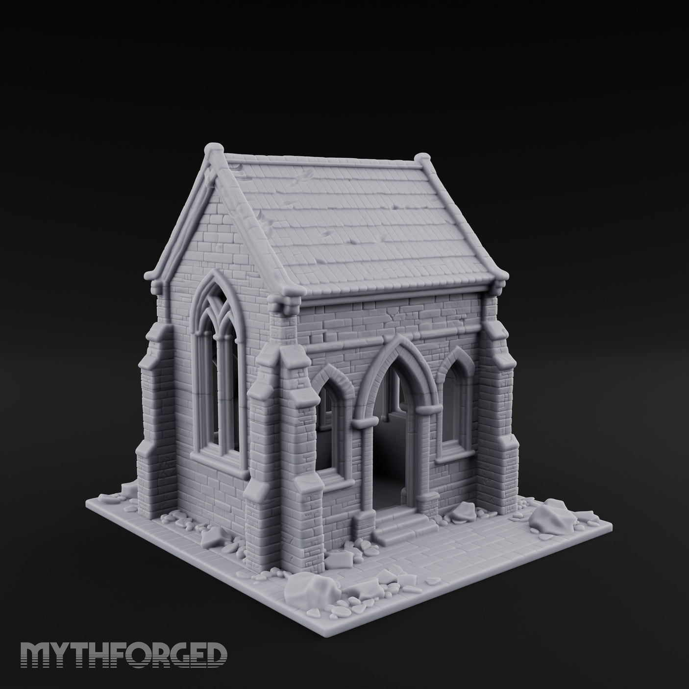 Cracked-Wall Slate-Roofed Gothic Stone Chapel Miniature for Dungeons and Dragons, Pathfinder or other TTRPGs