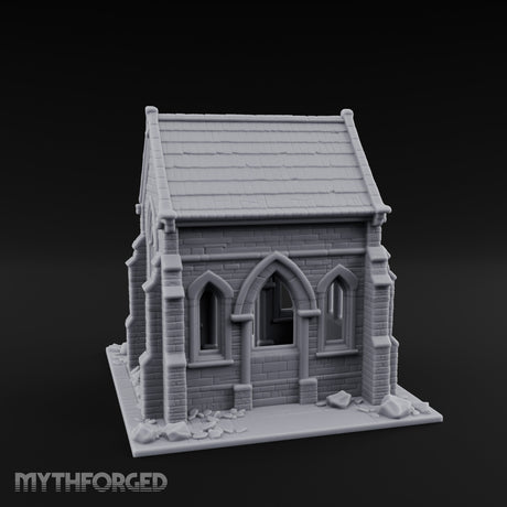 Cracked-Wall Slate-Roofed Gothic Stone Chapel Miniature for Dungeons and Dragons, Pathfinder or other TTRPGs
