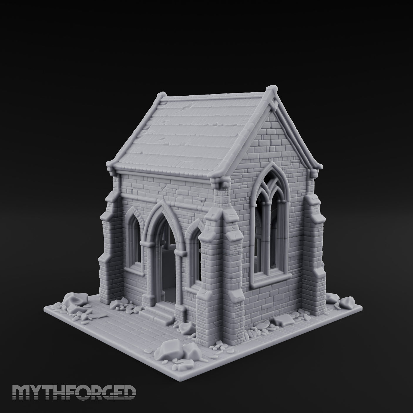 Cracked-Wall Slate-Roofed Gothic Stone Chapel Miniature for Dungeons and Dragons, Pathfinder or other TTRPGs