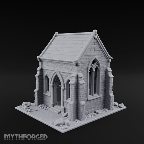 Cracked-Wall Slate-Roofed Gothic Stone Chapel Miniature for Dungeons and Dragons, Pathfinder or other TTRPGs