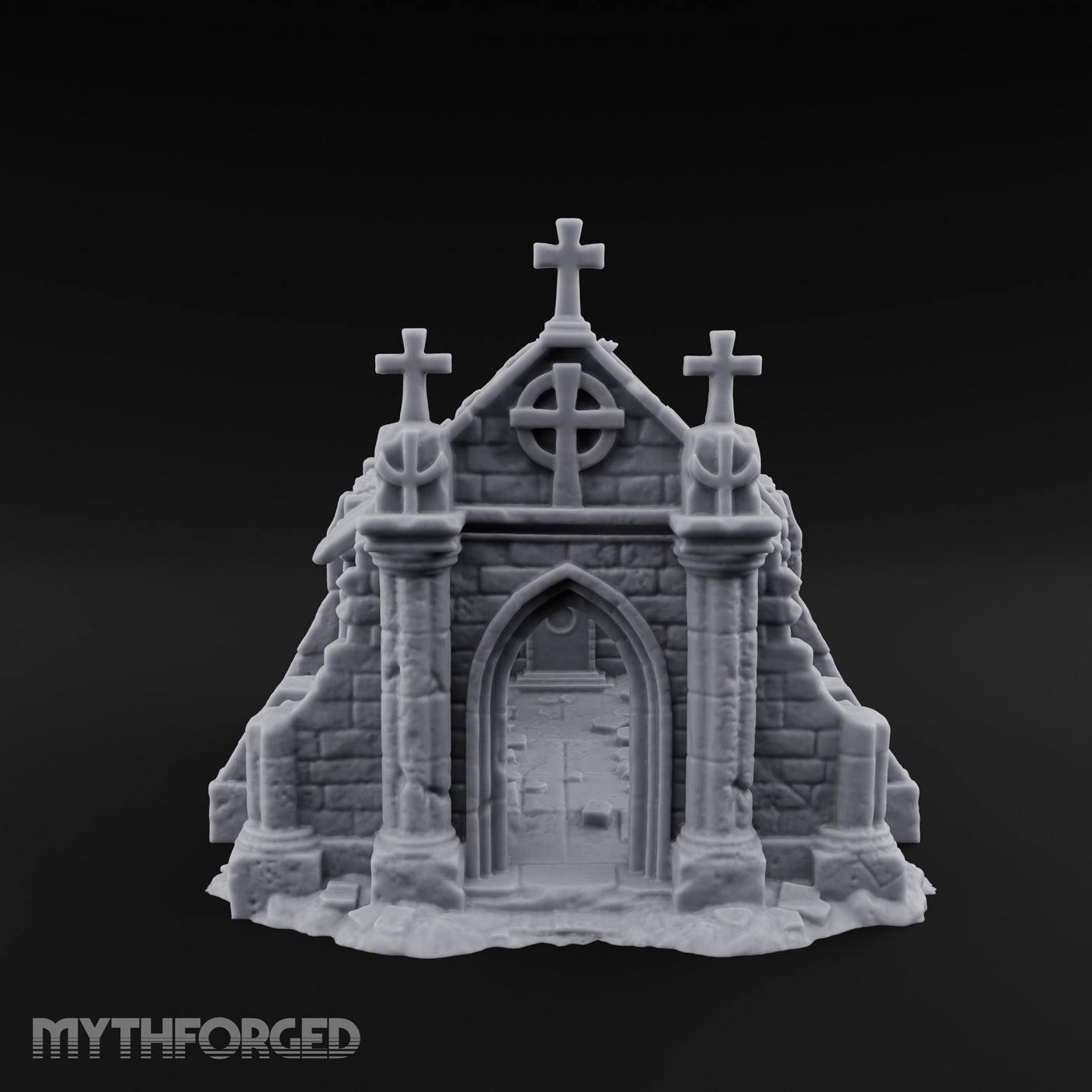 Cross-Crowned Celtic-Windowed Mausoleum Facade Ruins Miniature for Dungeons and Dragons, Pathfinder or other TTRPGs