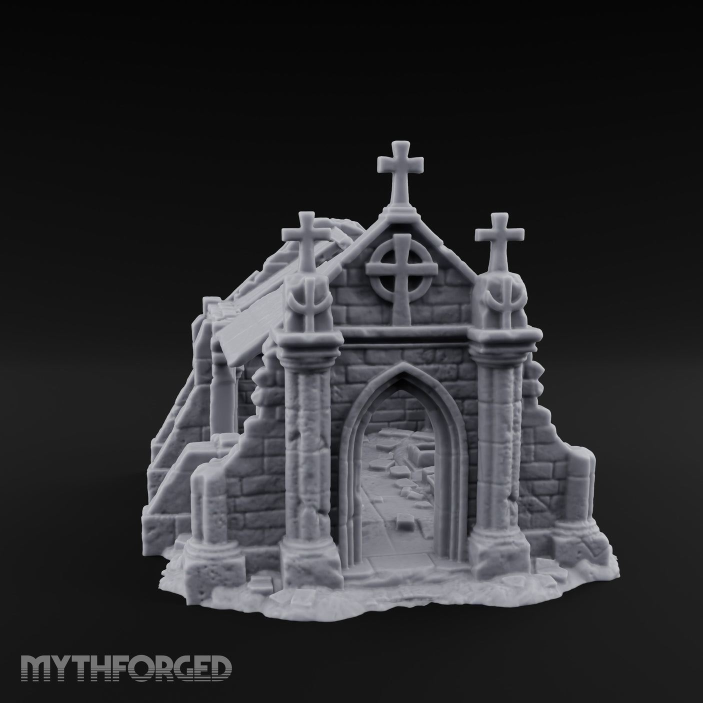Cross-Crowned Celtic-Windowed Mausoleum Facade Ruins Miniature for Dungeons and Dragons, Pathfinder or other TTRPGs