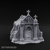 Cross-Crowned Celtic-Windowed Mausoleum Facade Ruins Miniature for Dungeons and Dragons, Pathfinder or other TTRPGs