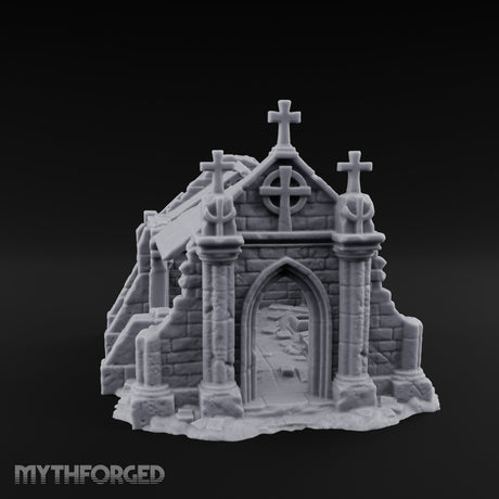 Cross-Crowned Celtic-Windowed Mausoleum Facade Ruins Miniature for Dungeons and Dragons, Pathfinder or other TTRPGs