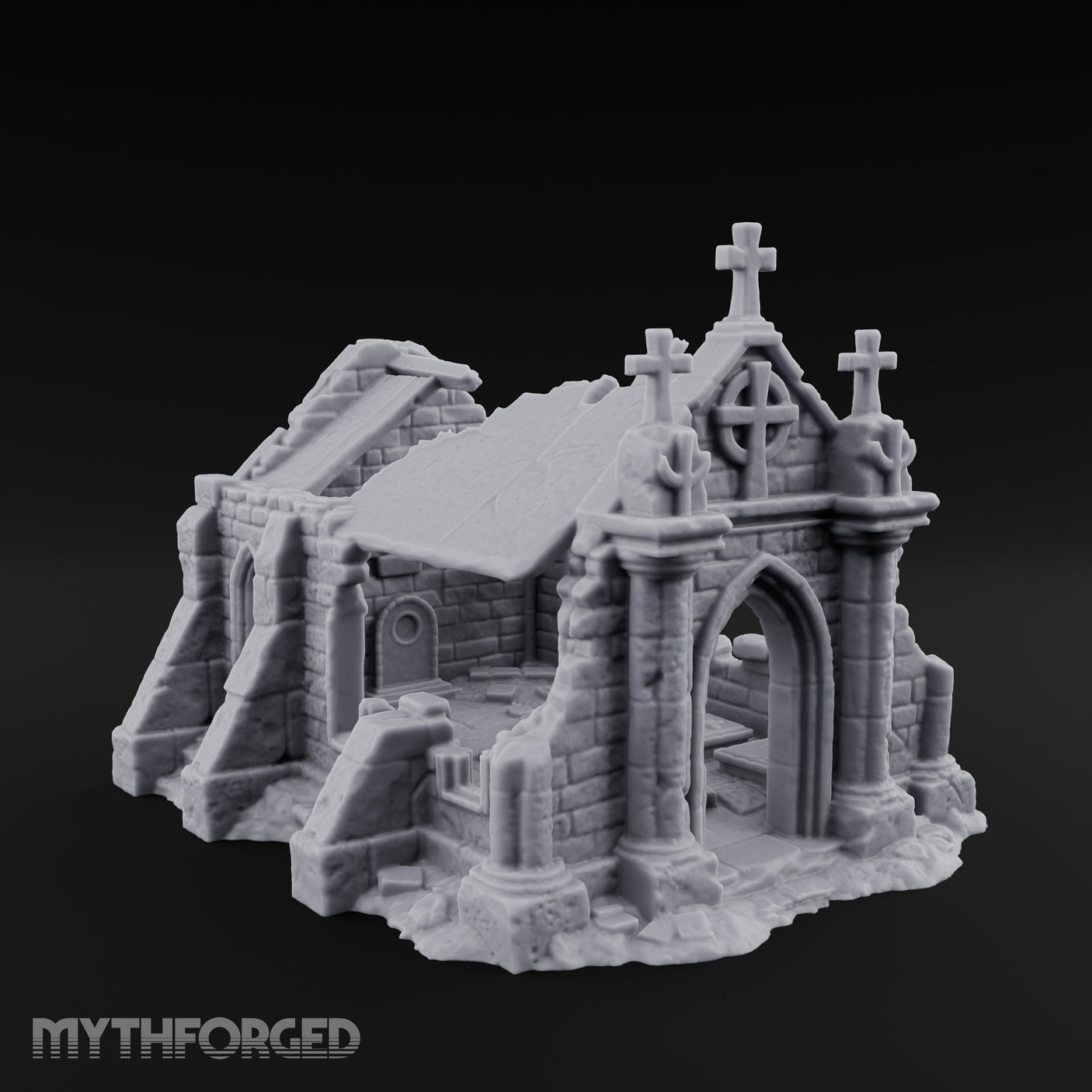 Cross-Crowned Celtic-Windowed Mausoleum Facade Ruins Miniature for Dungeons and Dragons, Pathfinder or other TTRPGs