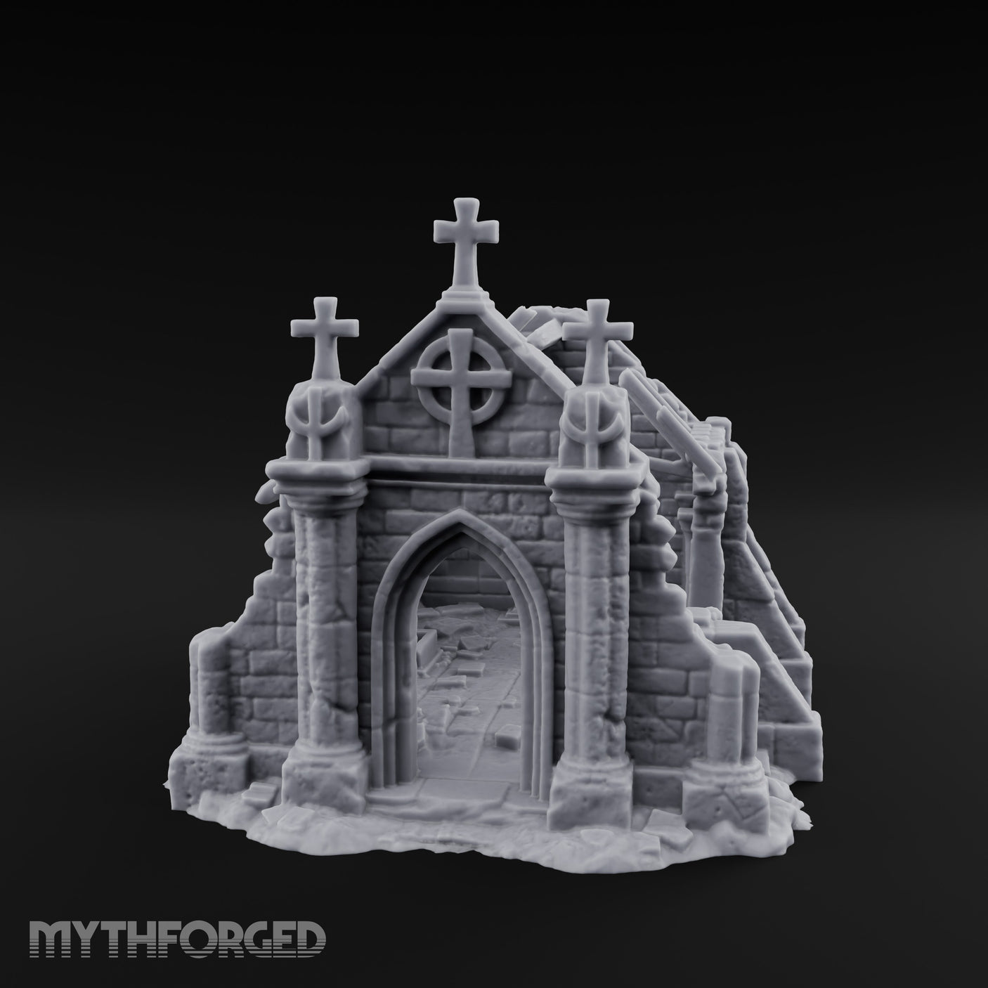 Cross-Crowned Celtic-Windowed Mausoleum Facade Ruins Miniature for Dungeons and Dragons, Pathfinder or other TTRPGs