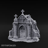Cross-Crowned Celtic-Windowed Mausoleum Facade Ruins Miniature for Dungeons and Dragons, Pathfinder or other TTRPGs