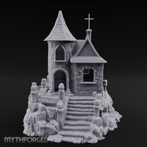 Cross-Crowned Cliff-Perched Stone Chapel Miniature for Dungeons and Dragons, Pathfinder or other TTRPGs