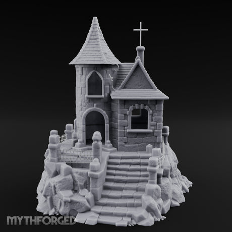 Cross-Crowned Cliff-Perched Stone Chapel Miniature for Dungeons and Dragons, Pathfinder or other TTRPGs