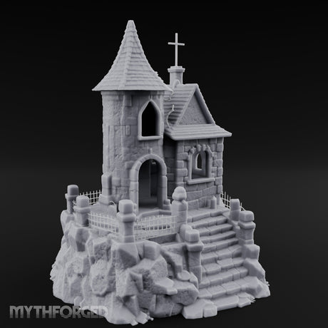 Cross-Crowned Cliff-Perched Stone Chapel Miniature for Dungeons and Dragons, Pathfinder or other TTRPGs