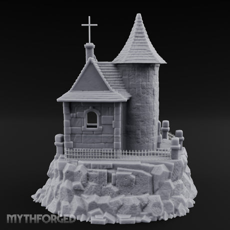 Cross-Crowned Cliff-Perched Stone Chapel Miniature for Dungeons and Dragons, Pathfinder or other TTRPGs