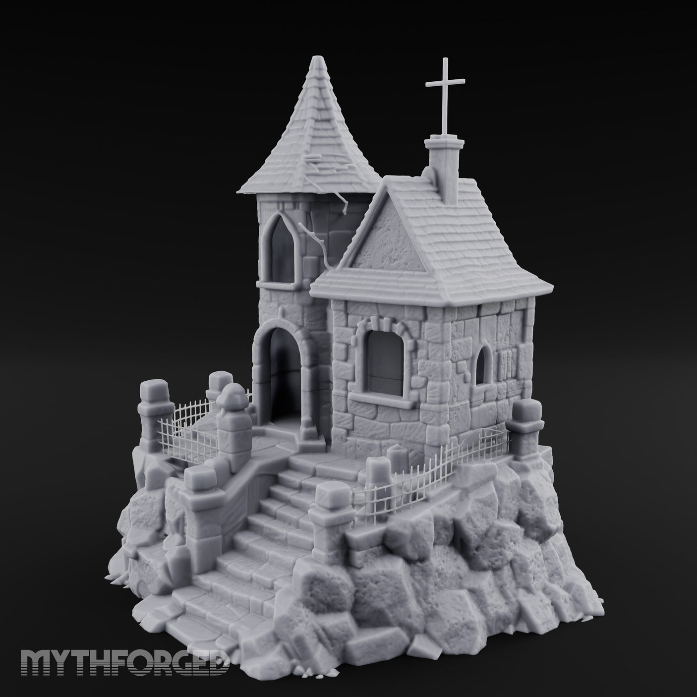 Cross-Crowned Cliff-Perched Stone Chapel Miniature for Dungeons and Dragons, Pathfinder or other TTRPGs