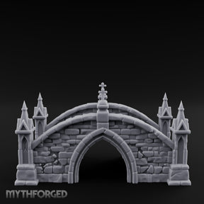 Cross-Pinnacled Spire-Flanked Gothic Stone Bridge Miniature for Dungeons and Dragons, Pathfinder or other TTRPGs