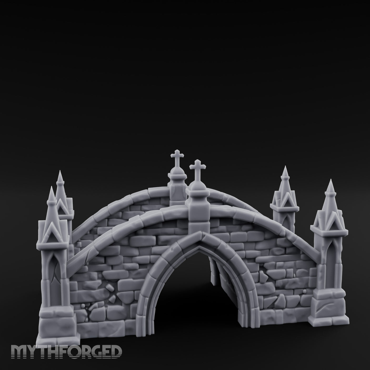 Cross-Pinnacled Spire-Flanked Gothic Stone Bridge Miniature for Dungeons and Dragons, Pathfinder or other TTRPGs