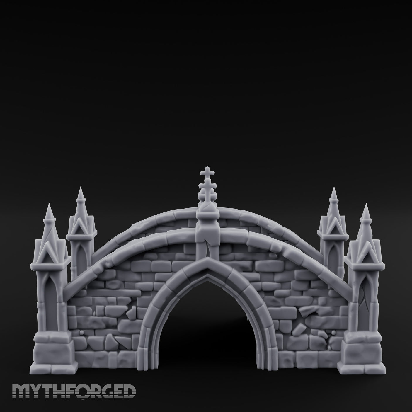 Cross-Pinnacled Spire-Flanked Gothic Stone Bridge Miniature for Dungeons and Dragons, Pathfinder or other TTRPGs