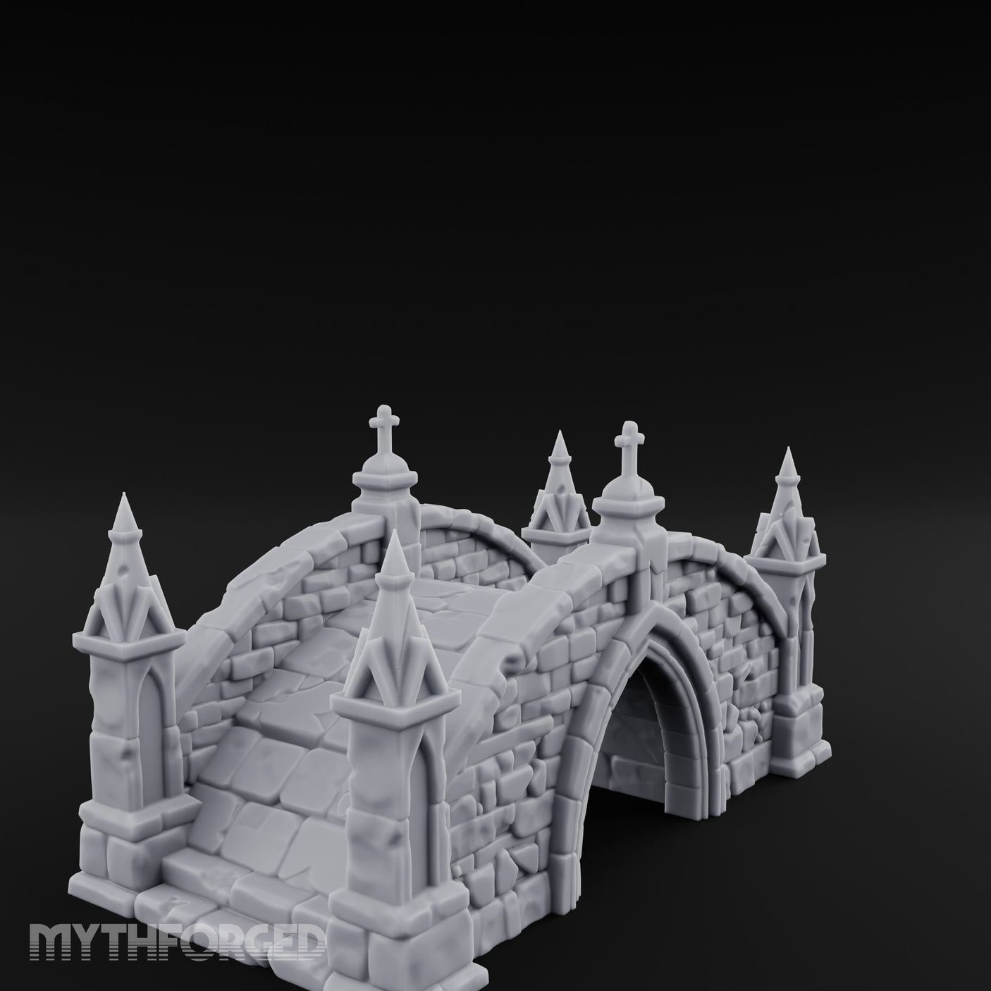 Cross-Pinnacled Spire-Flanked Gothic Stone Bridge Miniature for Dungeons and Dragons, Pathfinder or other TTRPGs