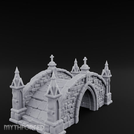 Cross-Pinnacled Spire-Flanked Gothic Stone Bridge Miniature for Dungeons and Dragons, Pathfinder or other TTRPGs