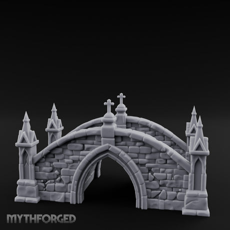 Cross-Pinnacled Spire-Flanked Gothic Stone Bridge Miniature for Dungeons and Dragons, Pathfinder or other TTRPGs