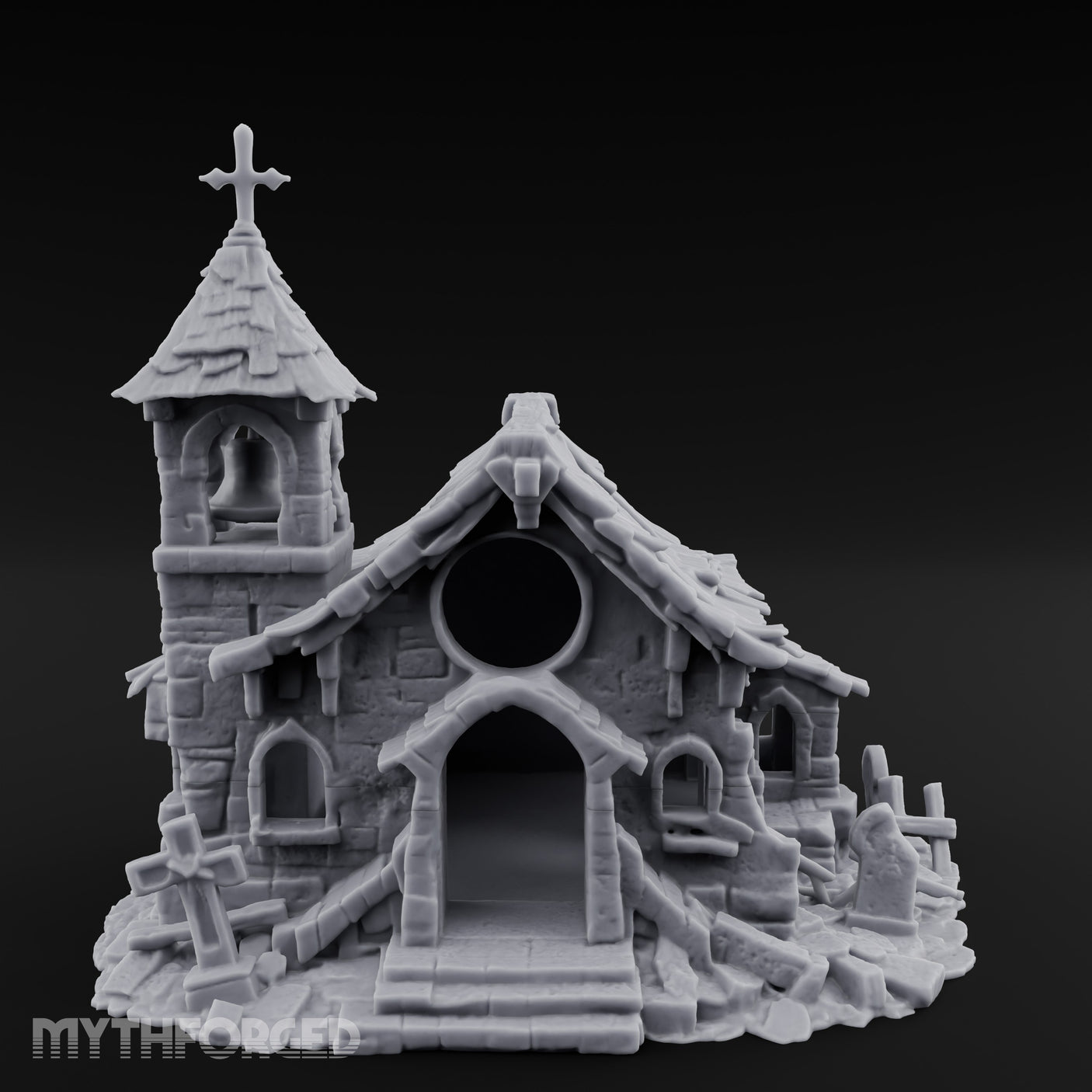Cross-Topped Grave-Ringed Abandoned Chapel Miniature for Dungeons and Dragons, Pathfinder or other TTRPGs