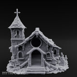 Cross-Topped Grave-Ringed Abandoned Chapel Miniature for Dungeons and Dragons, Pathfinder or other TTRPGs