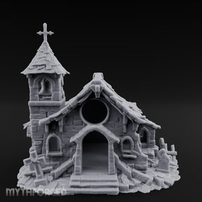 Cross-Topped Grave-Ringed Abandoned Chapel Miniature for Dungeons and Dragons, Pathfinder or other TTRPGs