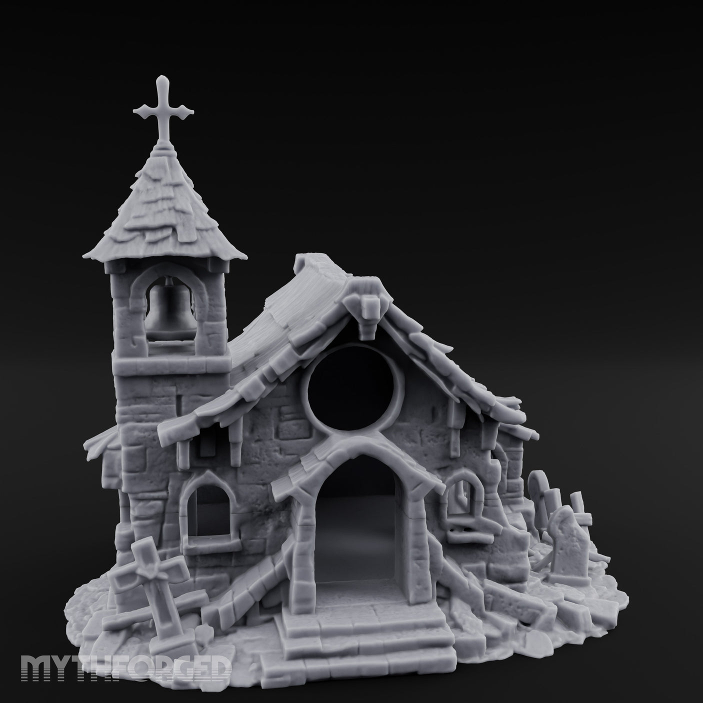 Cross-Topped Grave-Ringed Abandoned Chapel Miniature for Dungeons and Dragons, Pathfinder or other TTRPGs