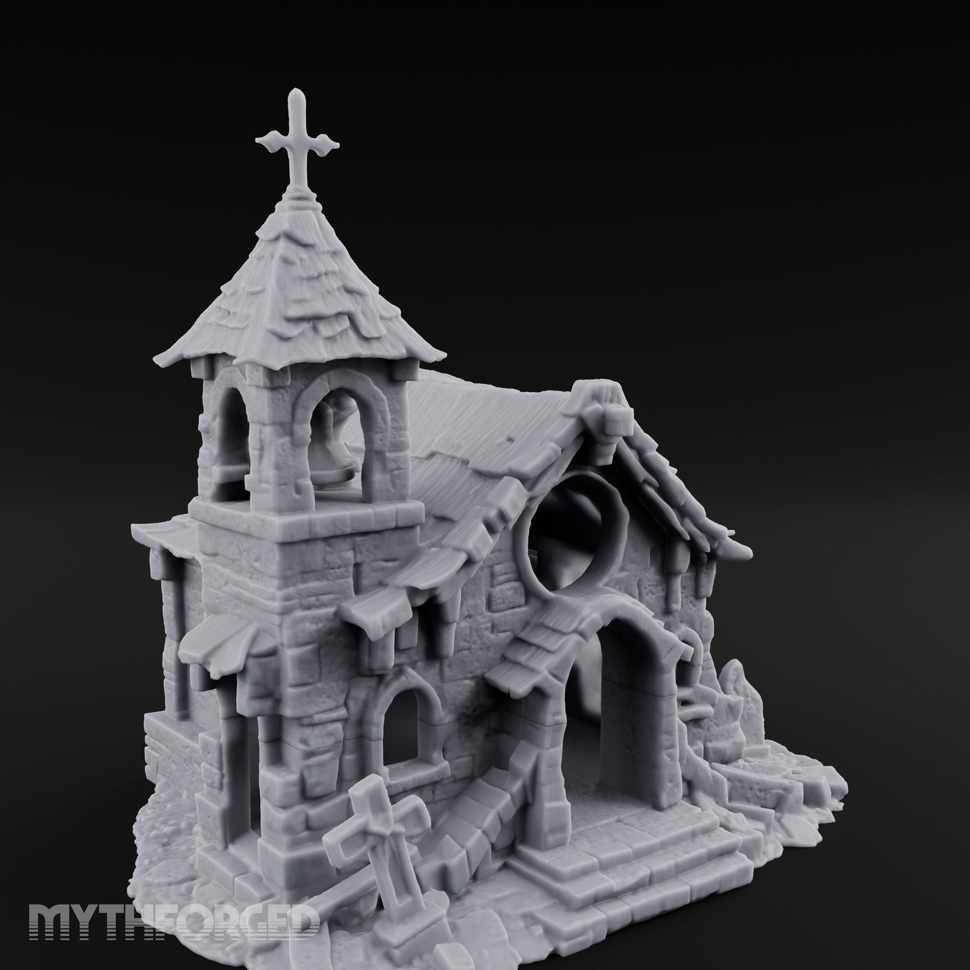 Cross-Topped Grave-Ringed Abandoned Chapel Miniature for Dungeons and Dragons, Pathfinder or other TTRPGs