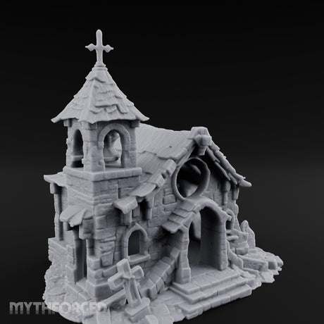 Cross-Topped Grave-Ringed Abandoned Chapel Miniature for Dungeons and Dragons, Pathfinder or other TTRPGs