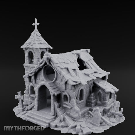 Cross-Topped Grave-Ringed Abandoned Chapel Miniature for Dungeons and Dragons, Pathfinder or other TTRPGs