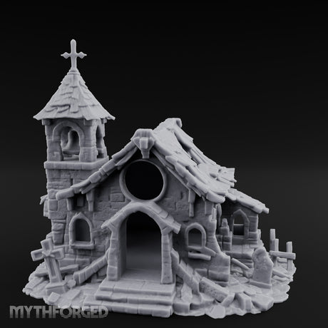 Cross-Topped Grave-Ringed Abandoned Chapel Miniature for Dungeons and Dragons, Pathfinder or other TTRPGs