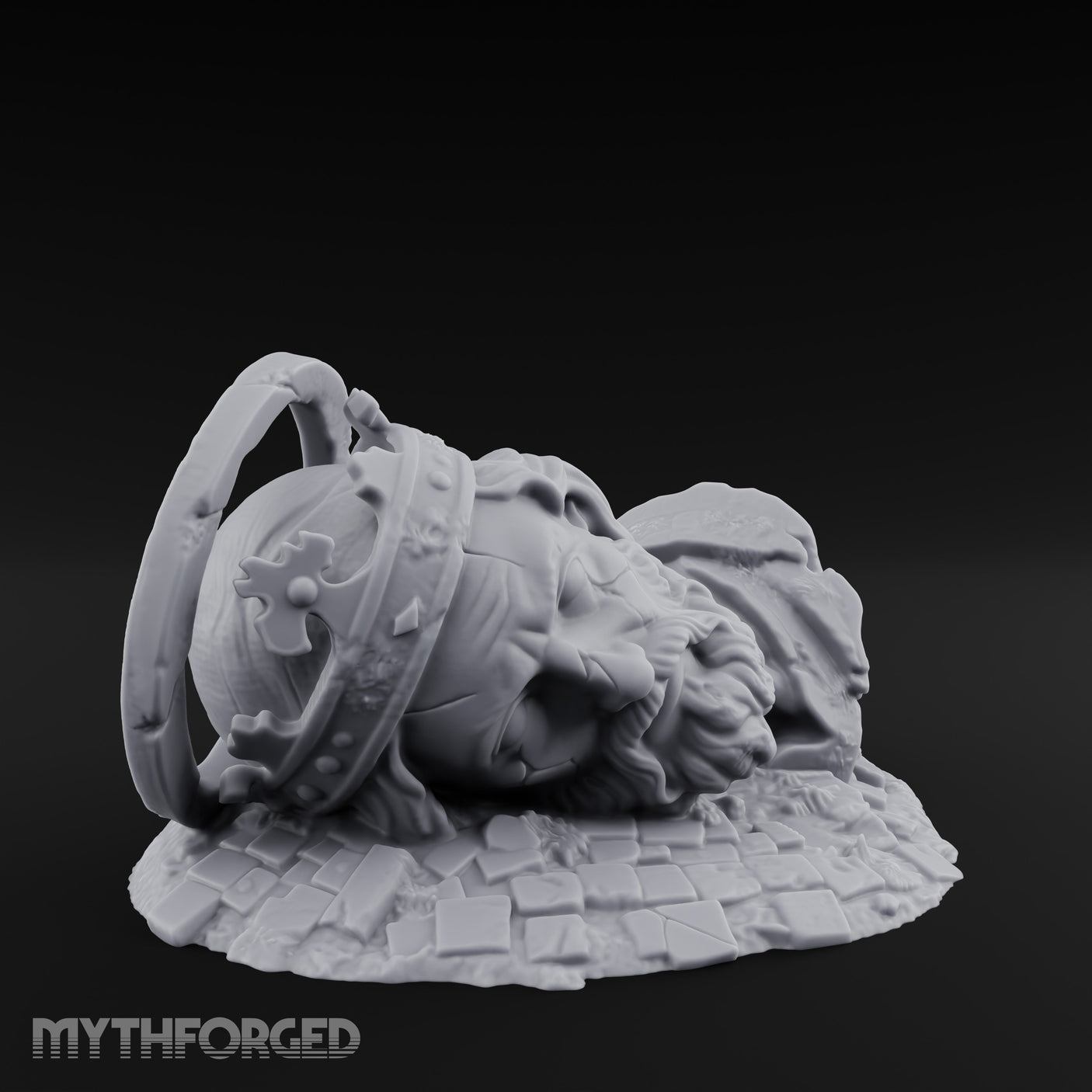 Crown-Bearing Toppled-Cracked Lion Statue Ruins Miniature for Dungeons and Dragons, Pathfinder or other TTRPGs