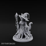 Crystal Staff Raising Tabaxi Witch Miniature for Dungeons and Dragons, Pathfinder or other TTRPGs