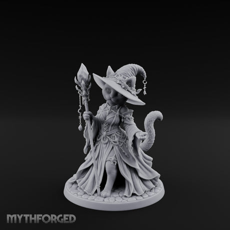 Crystal Staff Raising Tabaxi Witch Miniature for Dungeons and Dragons, Pathfinder or other TTRPGs