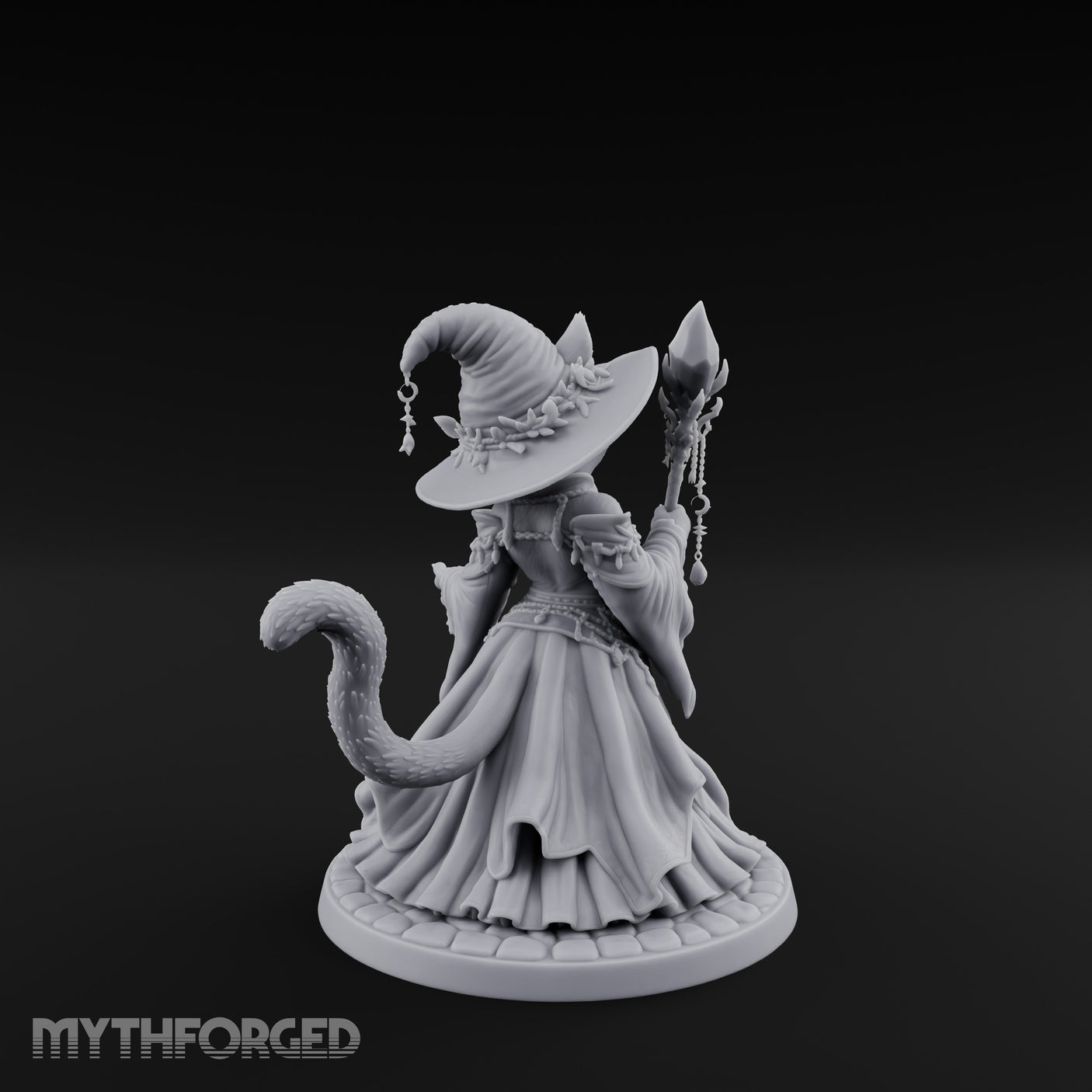 Crystal Staff Raising Tabaxi Witch Miniature for Dungeons and Dragons, Pathfinder or other TTRPGs