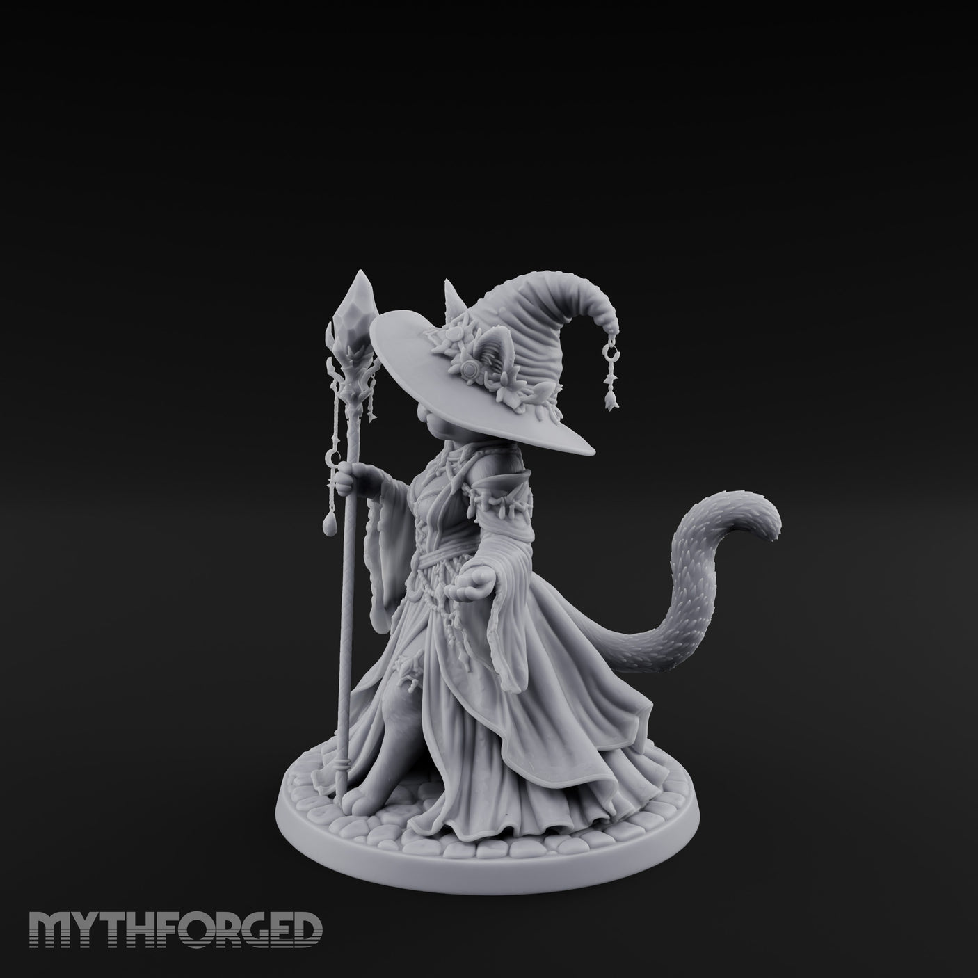 Crystal Staff Raising Tabaxi Witch Miniature for Dungeons and Dragons, Pathfinder or other TTRPGs