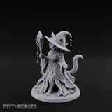 Crystal Staff Raising Tabaxi Witch Miniature for Dungeons and Dragons, Pathfinder or other TTRPGs